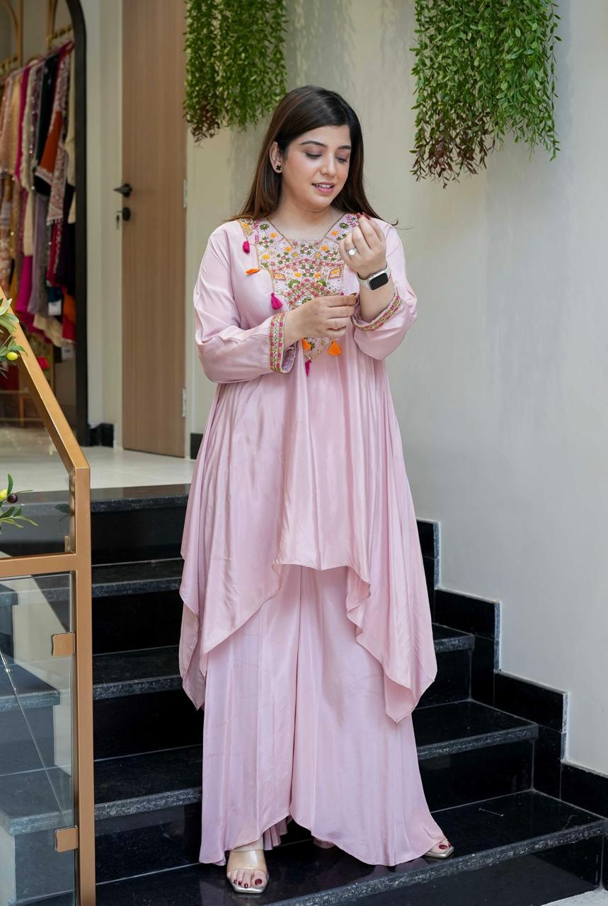 Embroidered Layered Kurta Set – Pink & Yellow