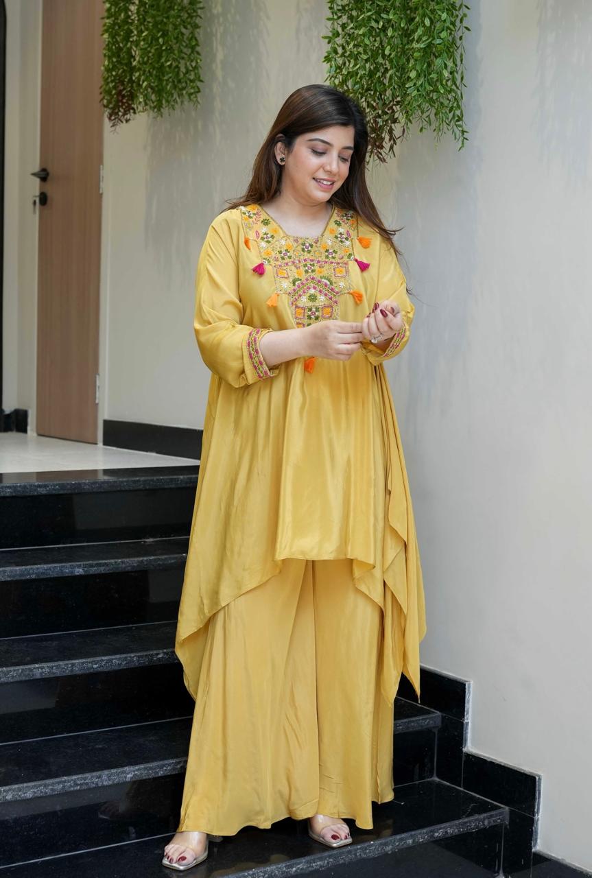 Embroidered Layered Kurta Set – Pink & Yellow