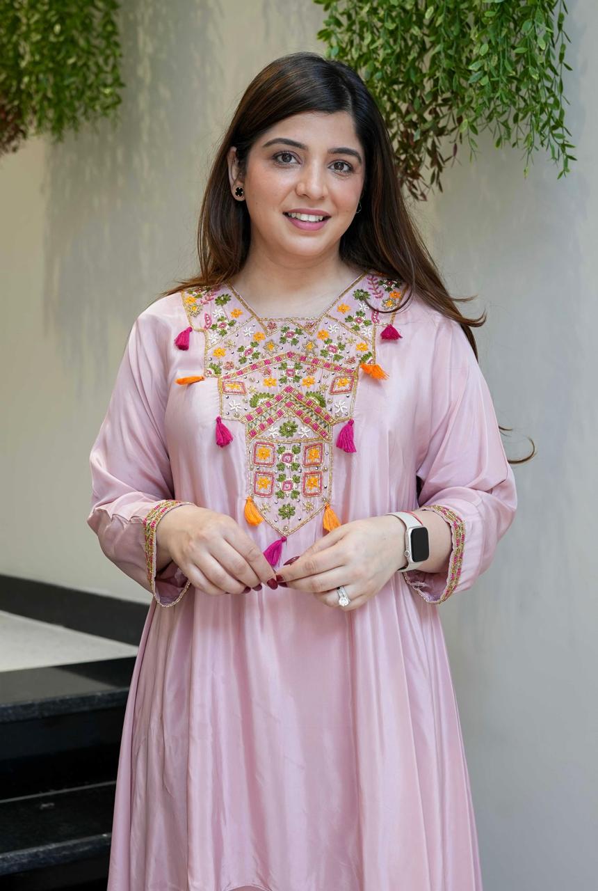 Embroidered Layered Kurta Set – Pink & Yellow