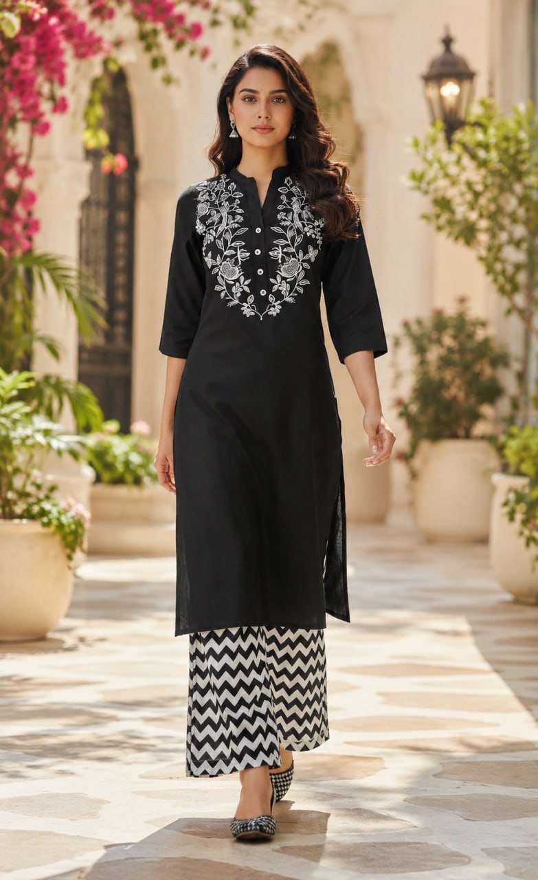 Embroidered Rayon Kurti Palazzo Set – Black
