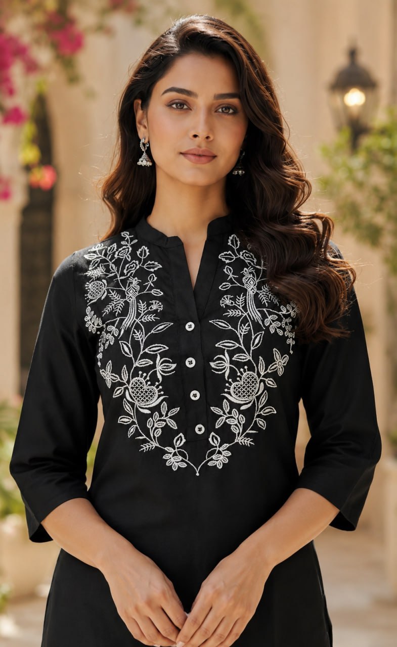 Embroidered Rayon Kurti Palazzo Set – Black