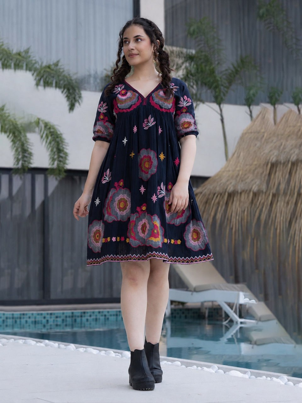 Floral Embroidered One-Piece Middy – Black