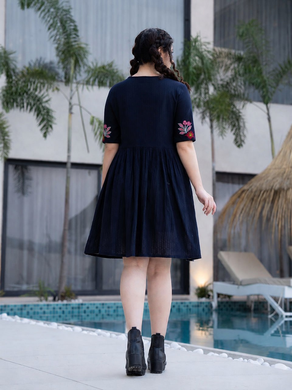 Floral Embroidered One-Piece Middy – Black