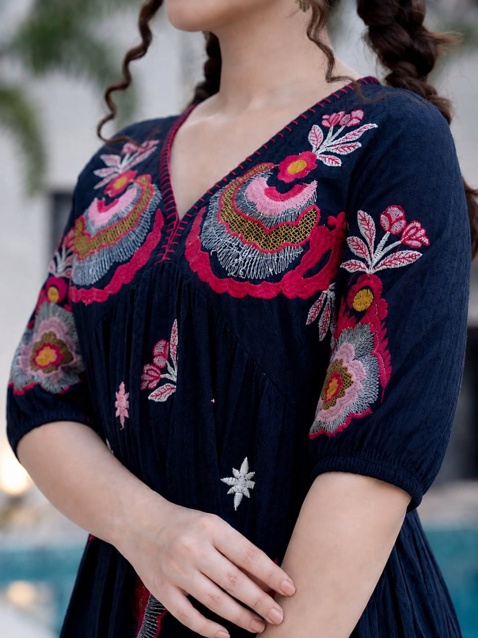 Floral Embroidered One-Piece Middy – Black