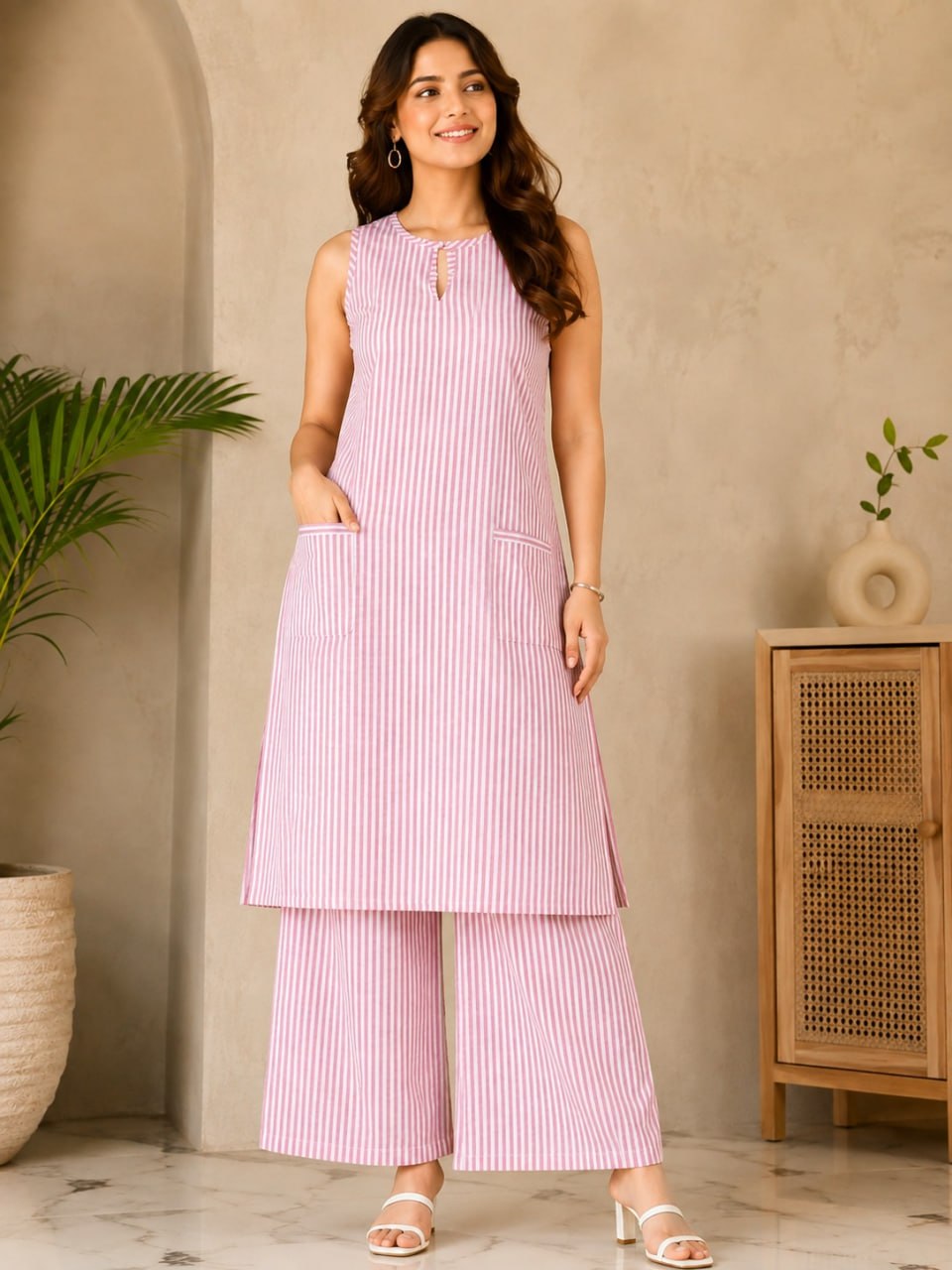 Striped Cotton 2-Piece Co-ord Set – Ivory, Blue & Pink