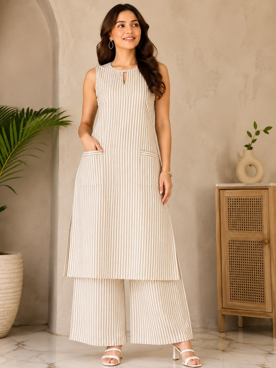 Striped Cotton 2-Piece Co-ord Set – Ivory, Blue & Pink