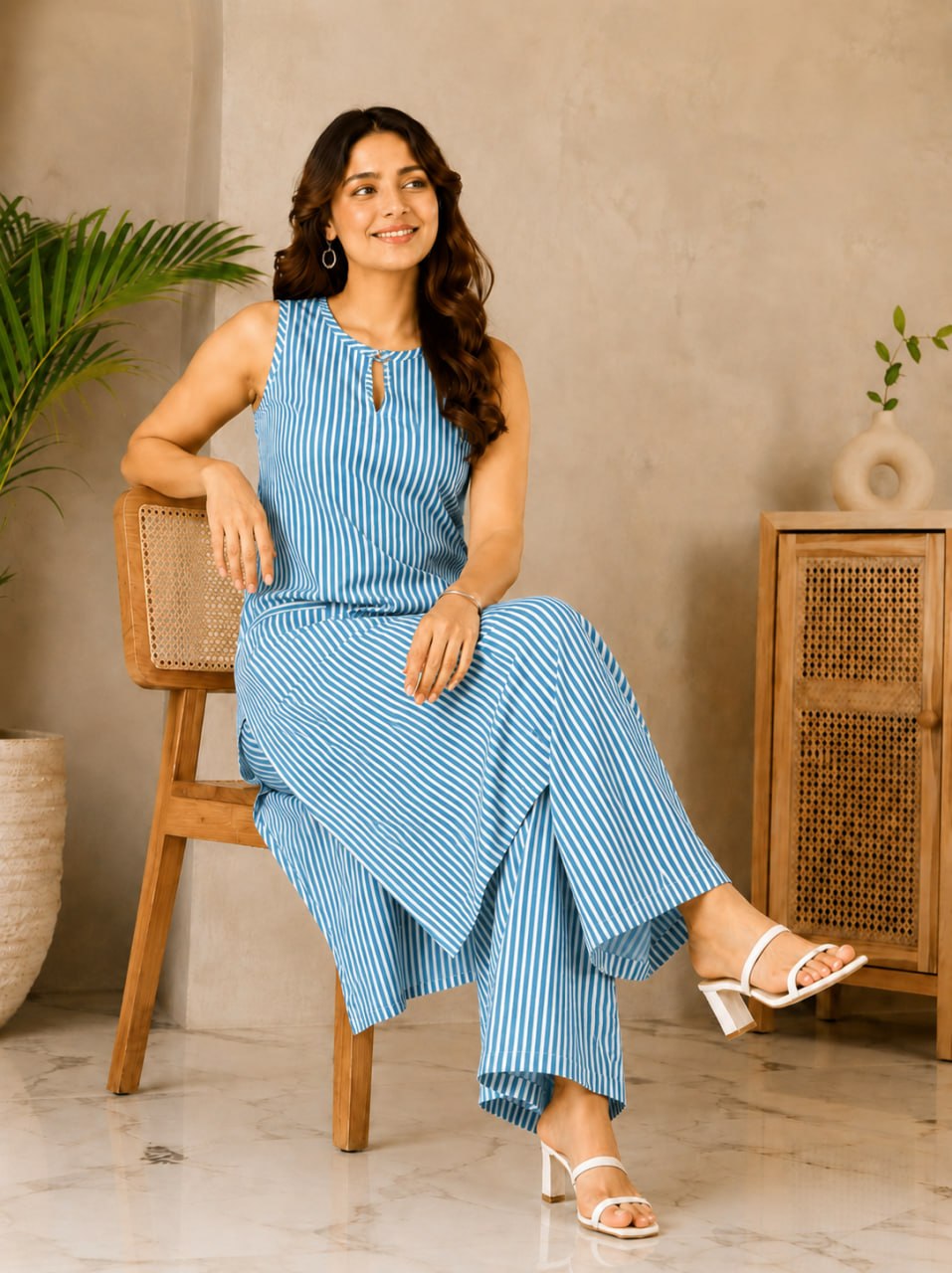 Striped Cotton 2-Piece Co-ord Set – Ivory, Blue & Pink