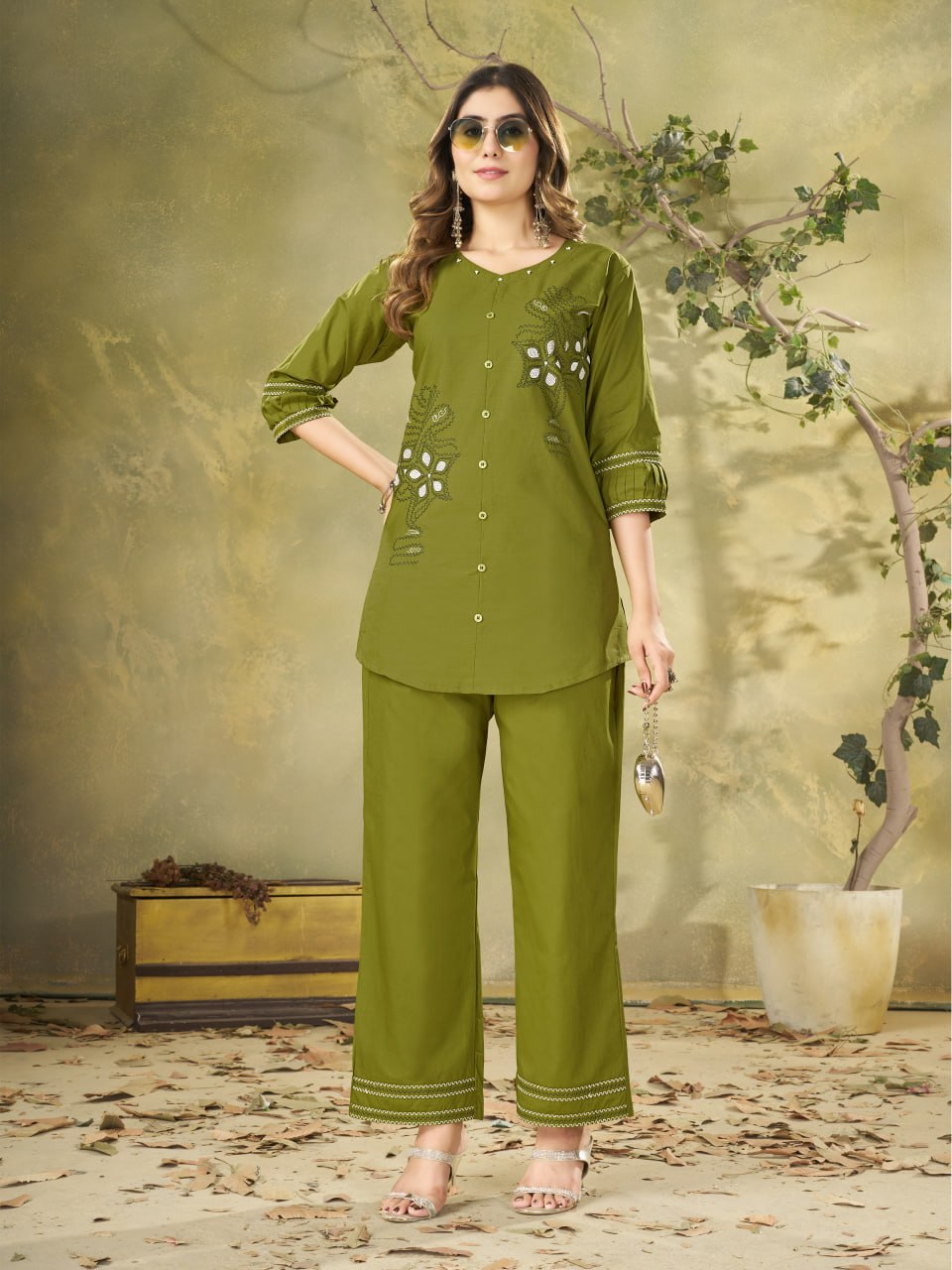 Embroidered Cotton Co-Ord Set – Olive Green, Rust & Purple