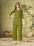 Embroidered Cotton Co-Ord Set – Olive Green, Rust & Purple
