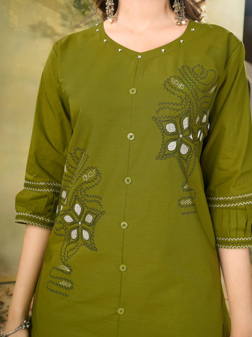 Embroidered Cotton Co-Ord Set – Olive Green, Rust & Purple