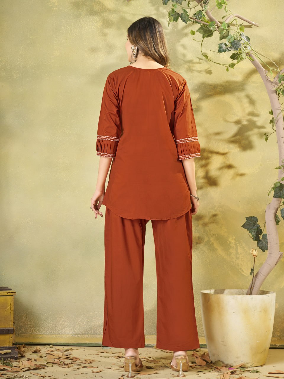 Embroidered Cotton Co-Ord Set – Olive Green, Rust & Purple