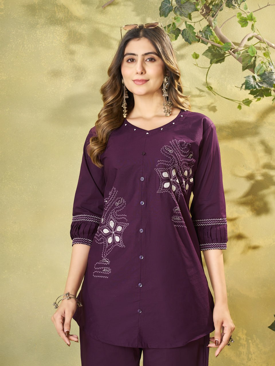Embroidered Cotton Co-Ord Set – Olive Green, Rust & Purple