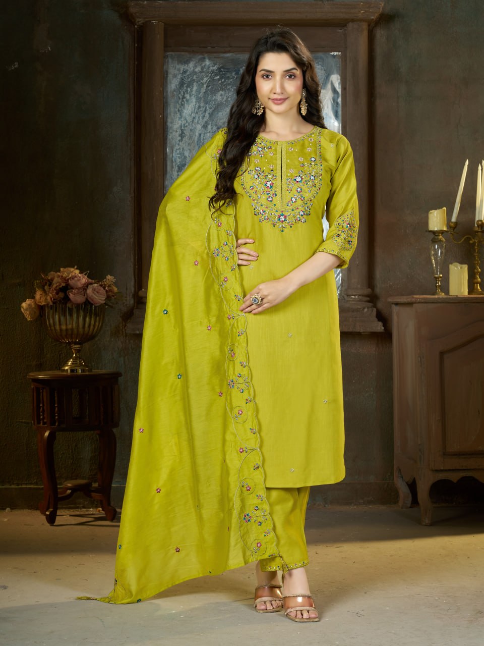 Embroidered Kurti Pant Dupatta Set