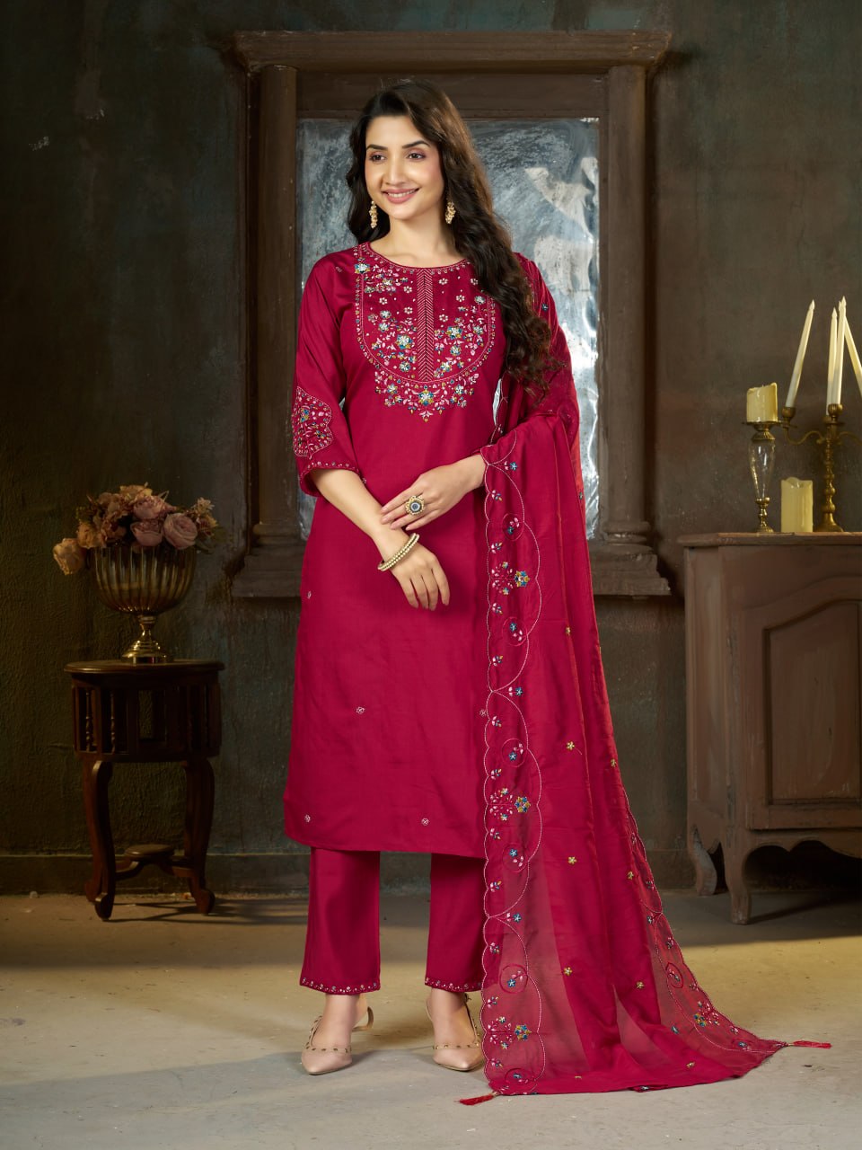 Embroidered Kurti Pant Dupatta Set