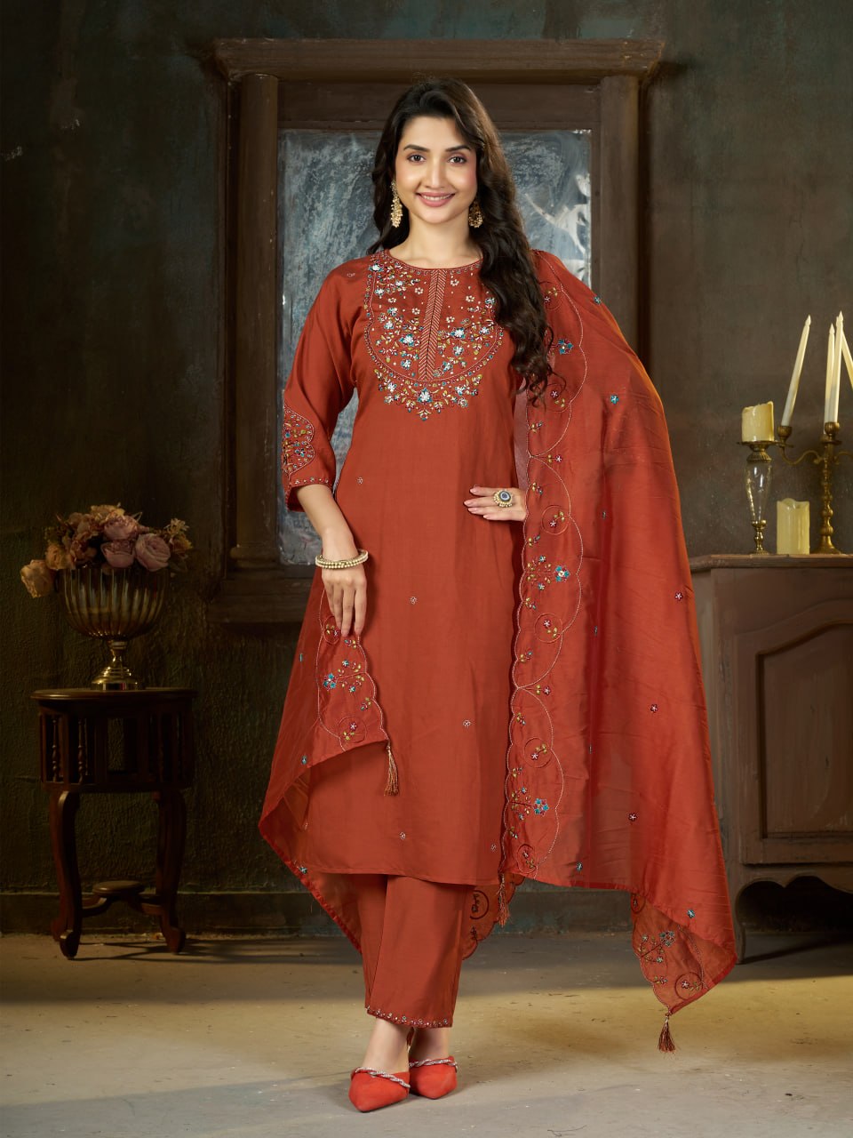 Embroidered Kurti Pant Dupatta Set
