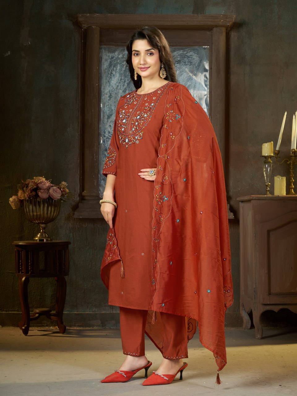 Embroidered Kurti Pant Dupatta Set