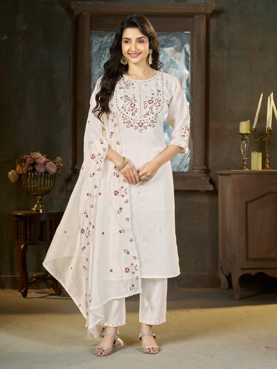 Embroidered Kurti Pant Dupatta Set
