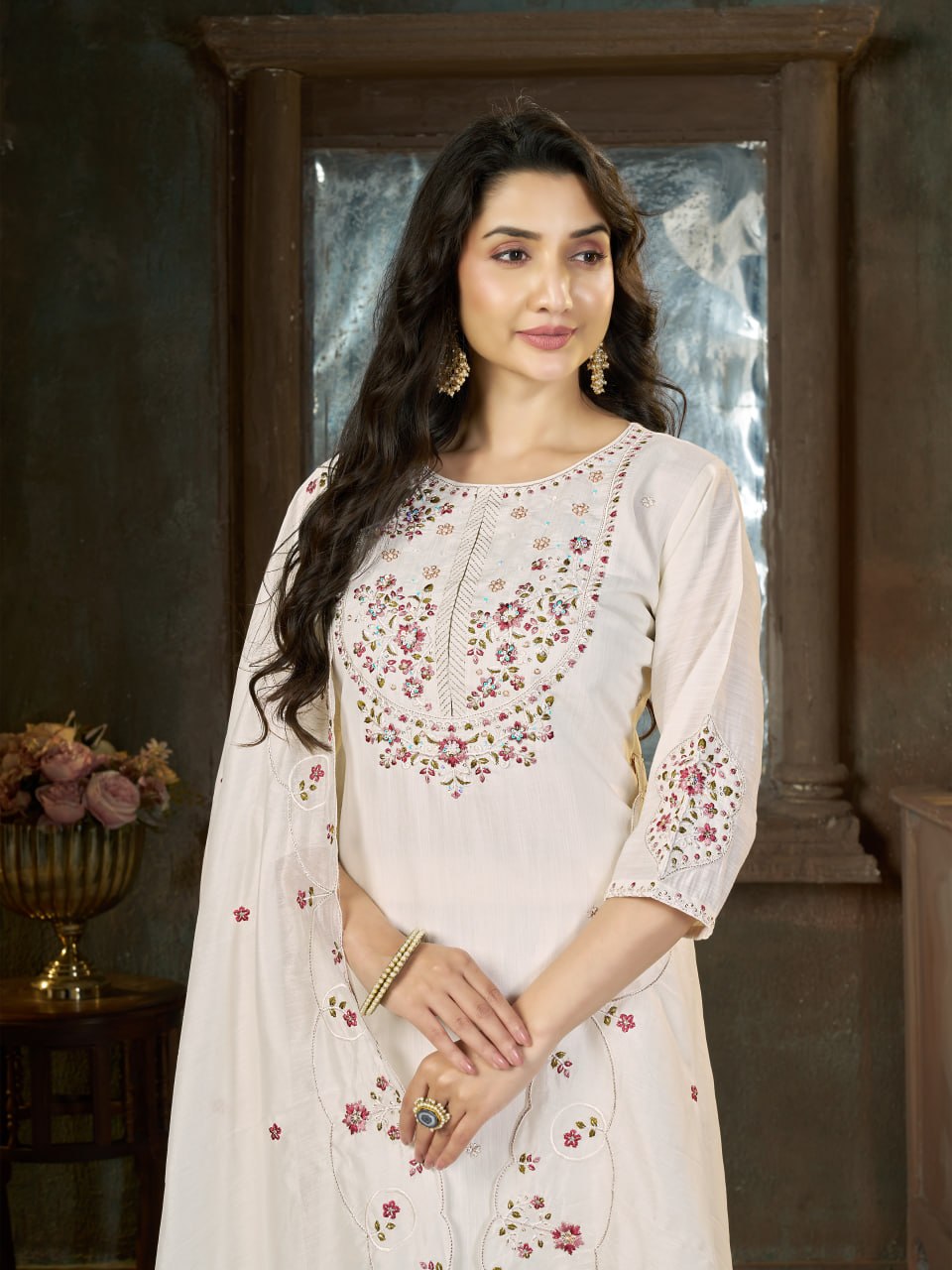 Embroidered Kurti Pant Dupatta Set