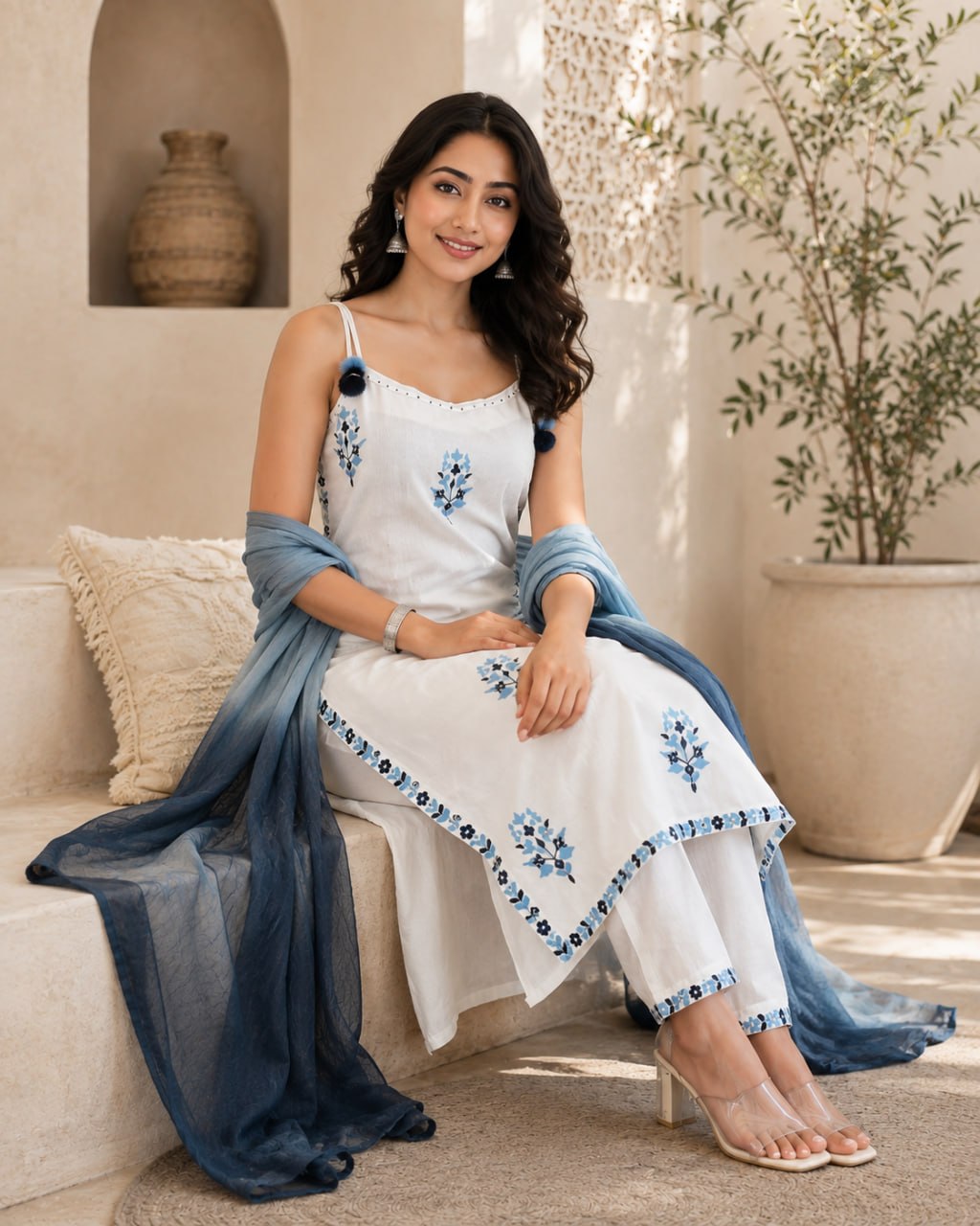 Embroidered Pure Cotton 3-Piece Kurta Set – Cream