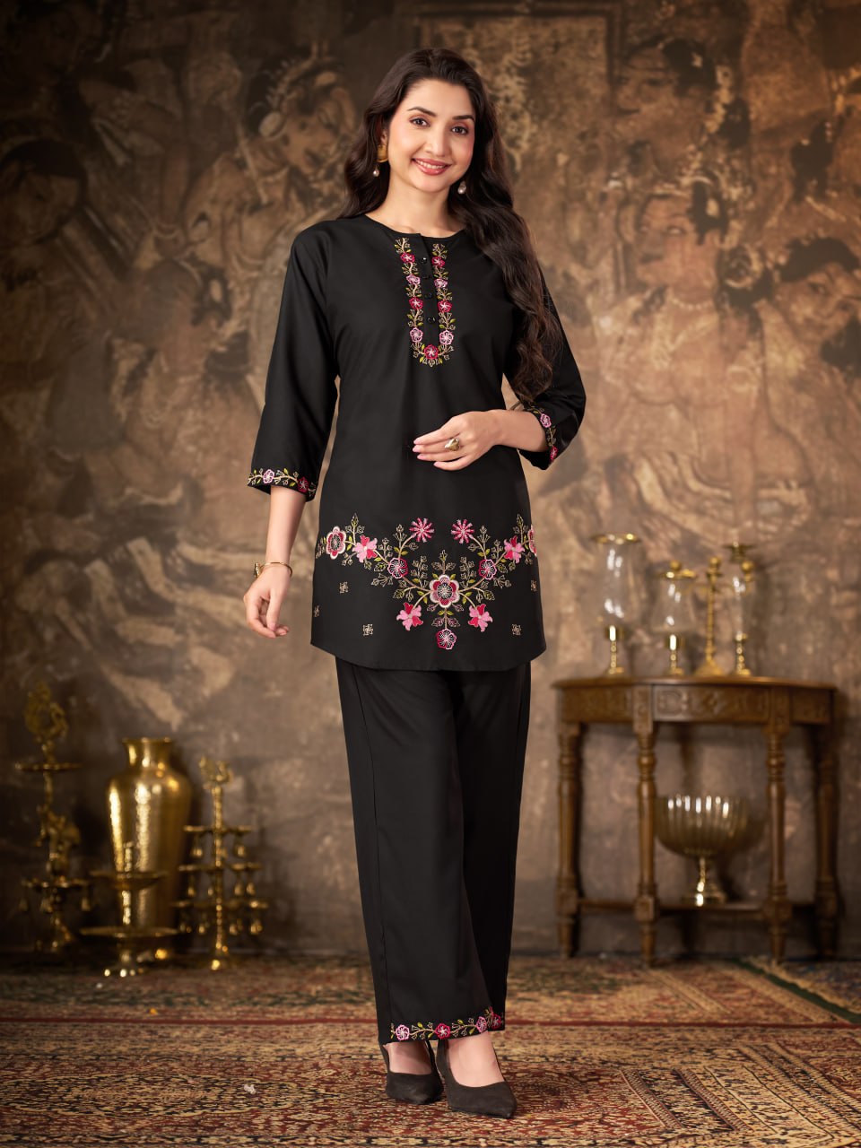 Women’s Premium Heavy Rayon Embroidered Co-Ord Set – Stitched Kurti & Straight Pant