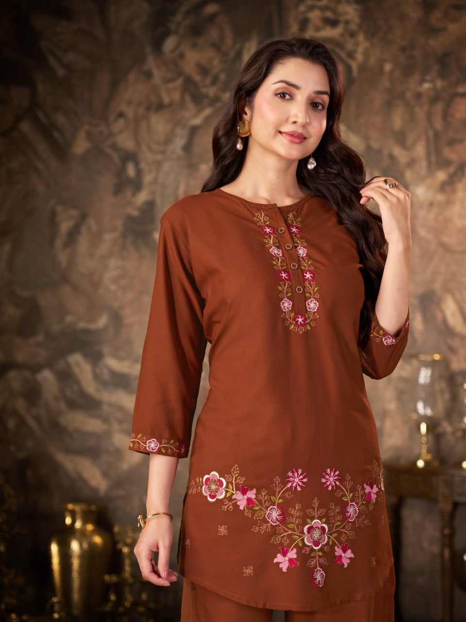 Women’s Premium Heavy Rayon Embroidered Co-Ord Set – Stitched Kurti & Straight Pant