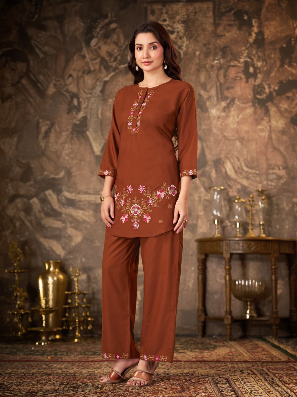 Women’s Premium Heavy Rayon Embroidered Co-Ord Set – Stitched Kurti & Straight Pant