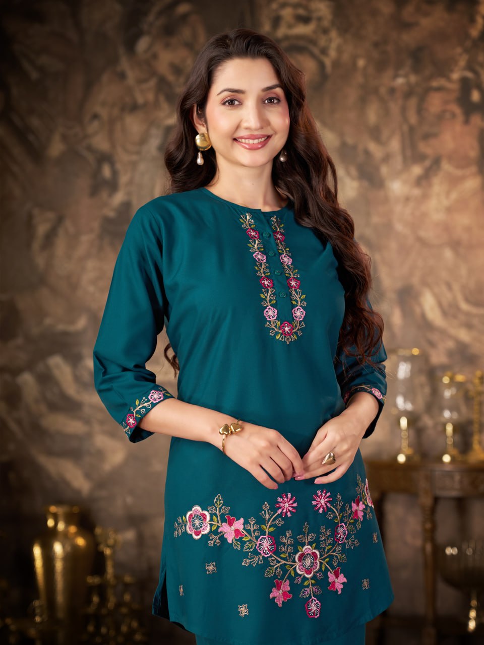 Women’s Premium Heavy Rayon Embroidered Co-Ord Set – Stitched Kurti & Straight Pant