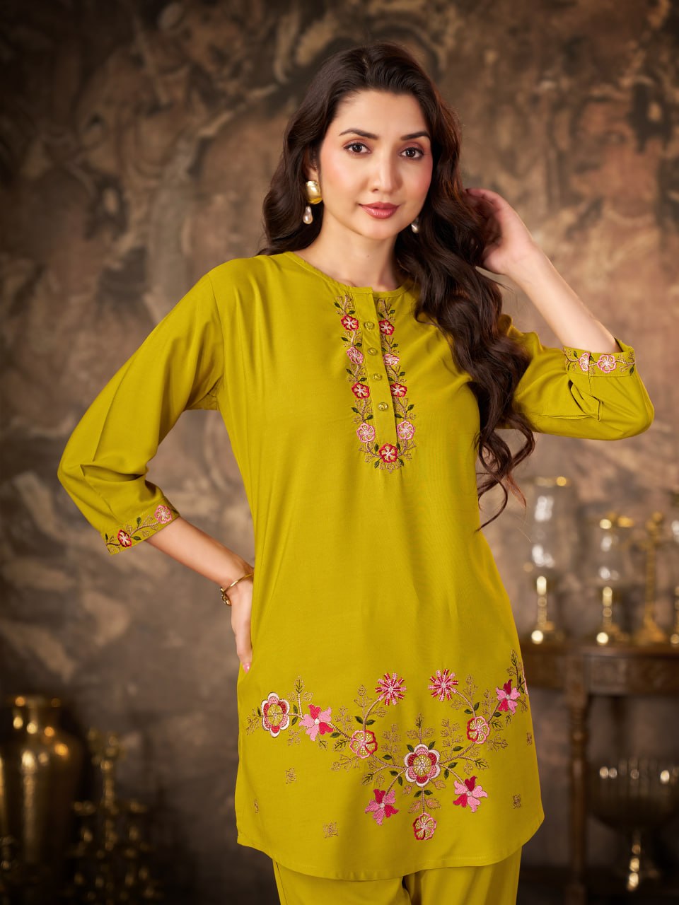 Women’s Premium Heavy Rayon Embroidered Co-Ord Set – Stitched Kurti & Straight Pant