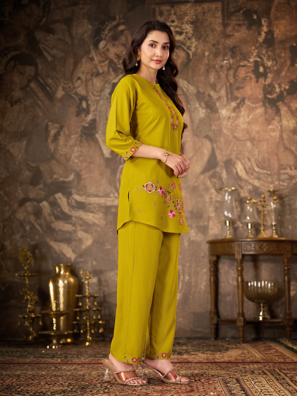 Women’s Premium Heavy Rayon Embroidered Co-Ord Set – Stitched Kurti & Straight Pant