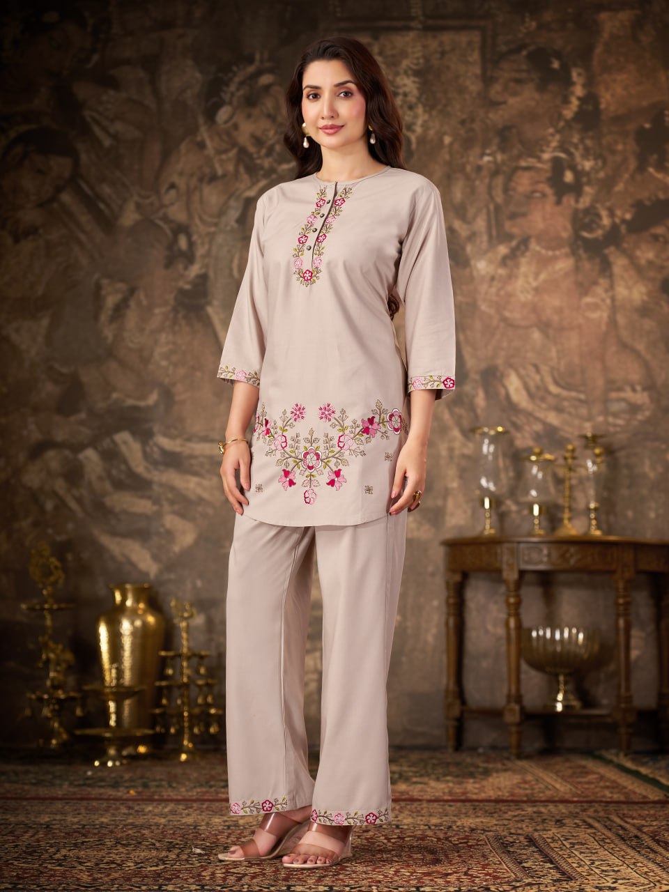 Women’s Premium Heavy Rayon Embroidered Co-Ord Set – Stitched Kurti & Straight Pant