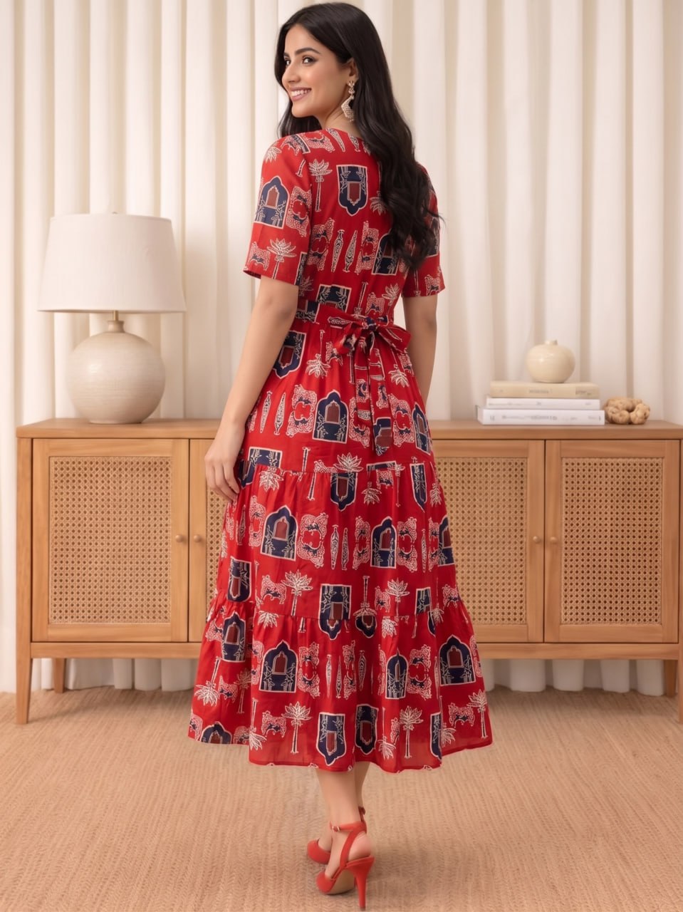 Printed Cotton Gathered Midi Dress