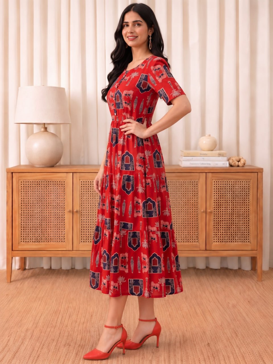 Printed Cotton Gathered Midi Dress