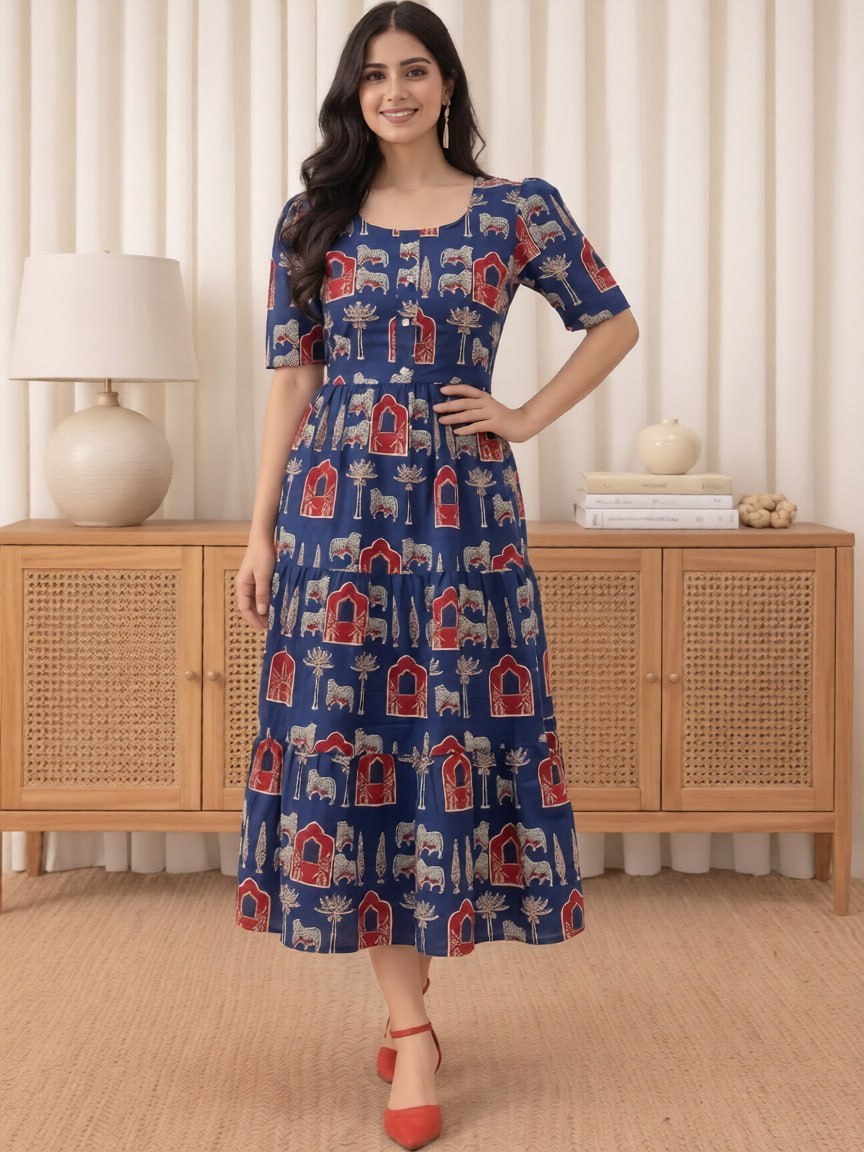 Printed Cotton Gathered Midi Dress