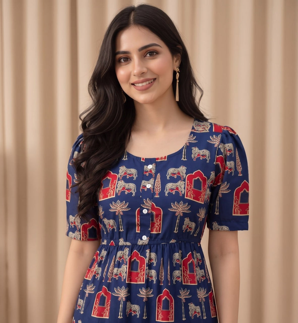 Printed Cotton Gathered Midi Dress