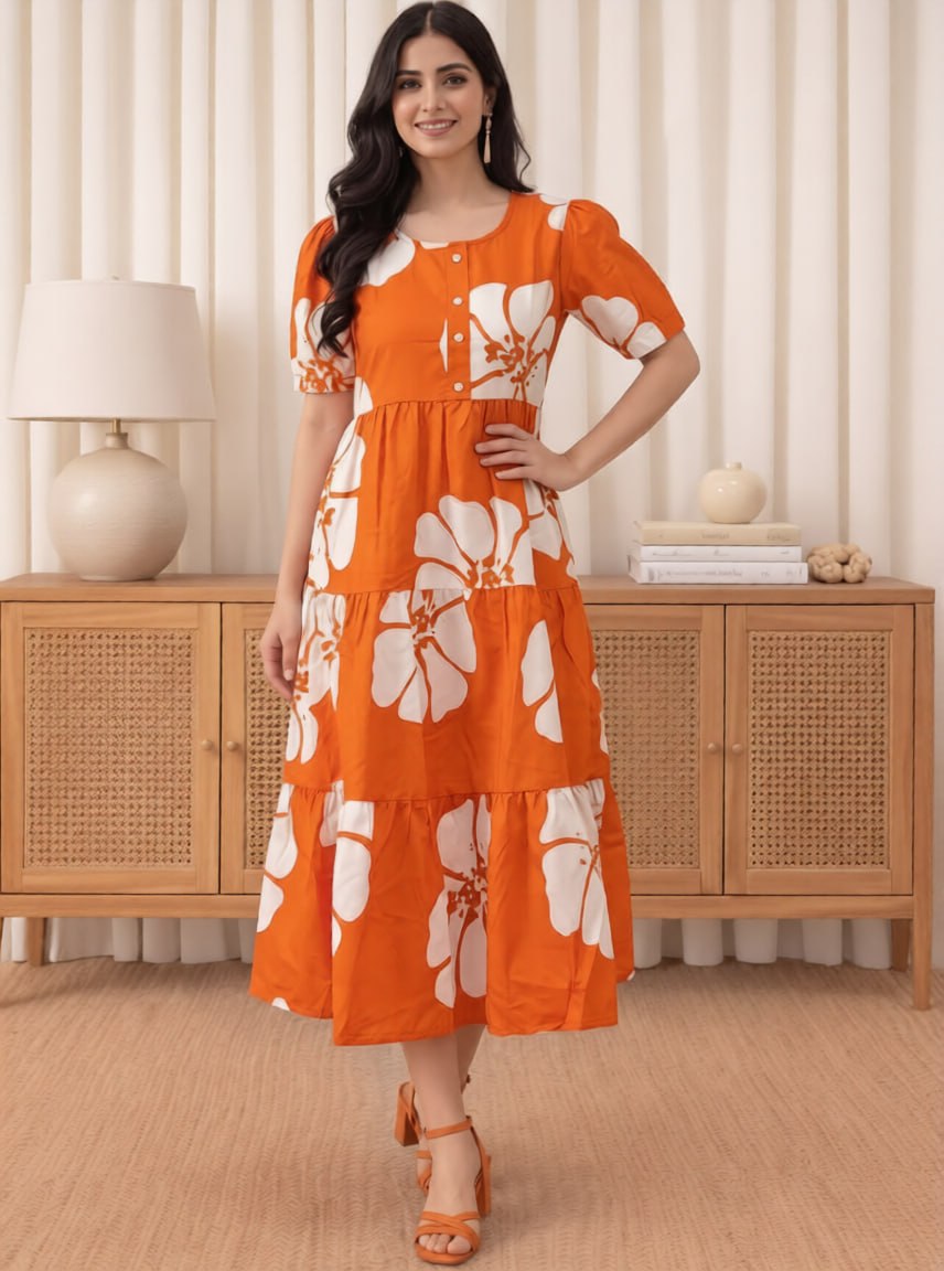Printed Cotton Gathered Midi Dress