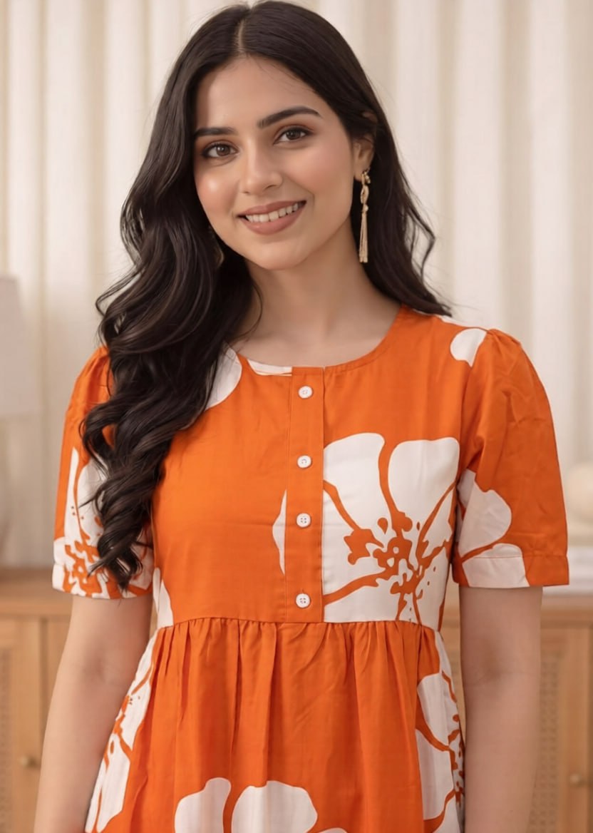 Printed Cotton Gathered Midi Dress