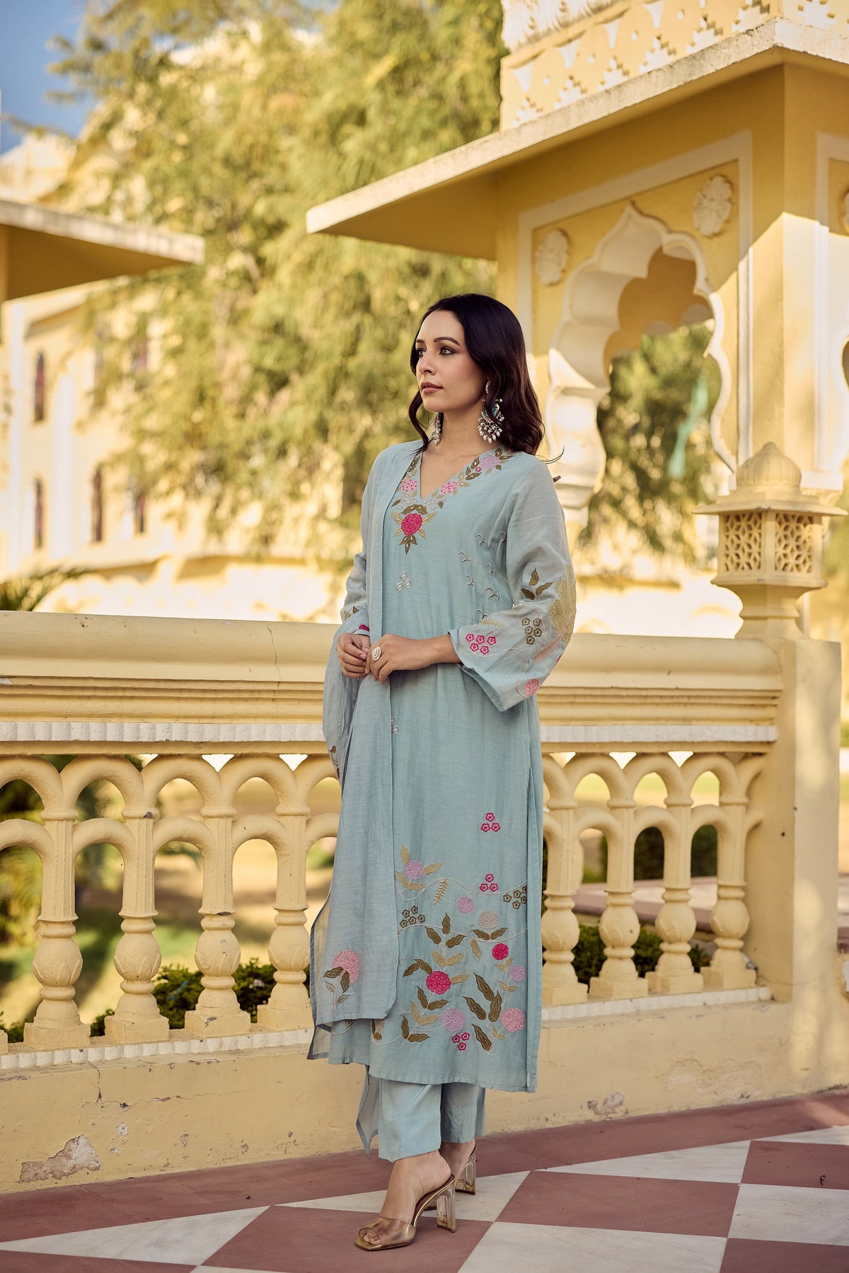 Floral Embroidered Chanderi Silk Kurta Set – Blue & Pink