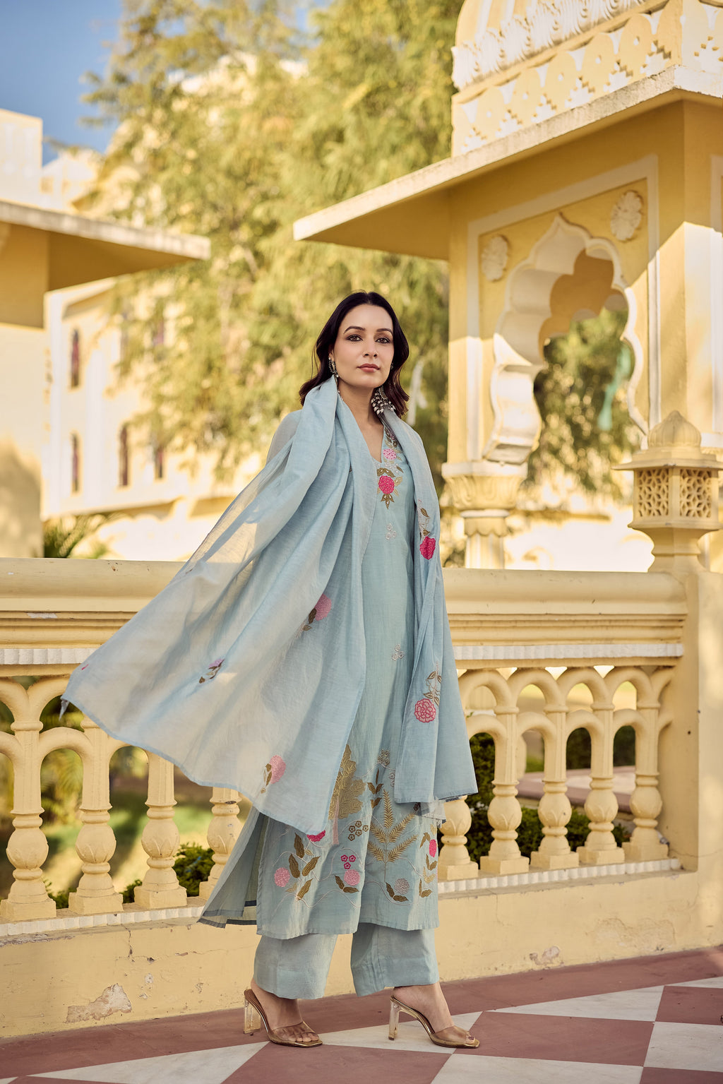 Floral Embroidered Chanderi Silk Kurta Set – Blue & Pink