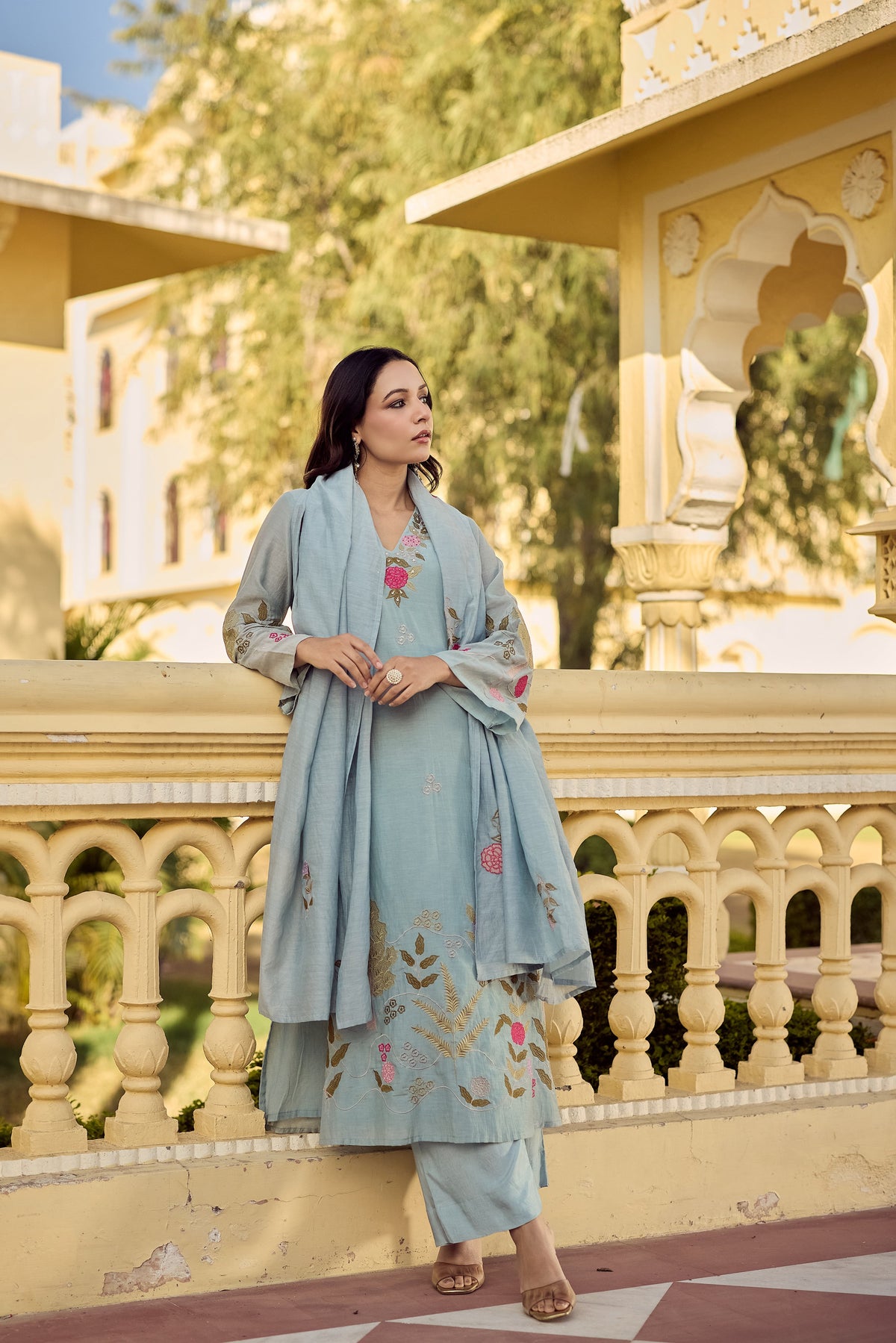 Floral Embroidered Chanderi Silk Kurta Set – Blue & Pink