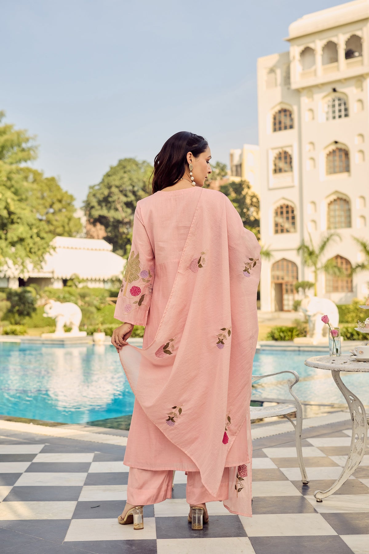 Floral Embroidered Chanderi Silk Kurta Set – Blue & Pink