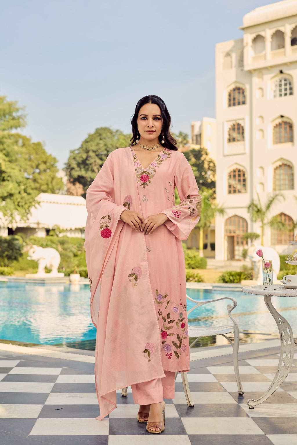 Floral Embroidered Chanderi Silk Kurta Set – Blue & Pink