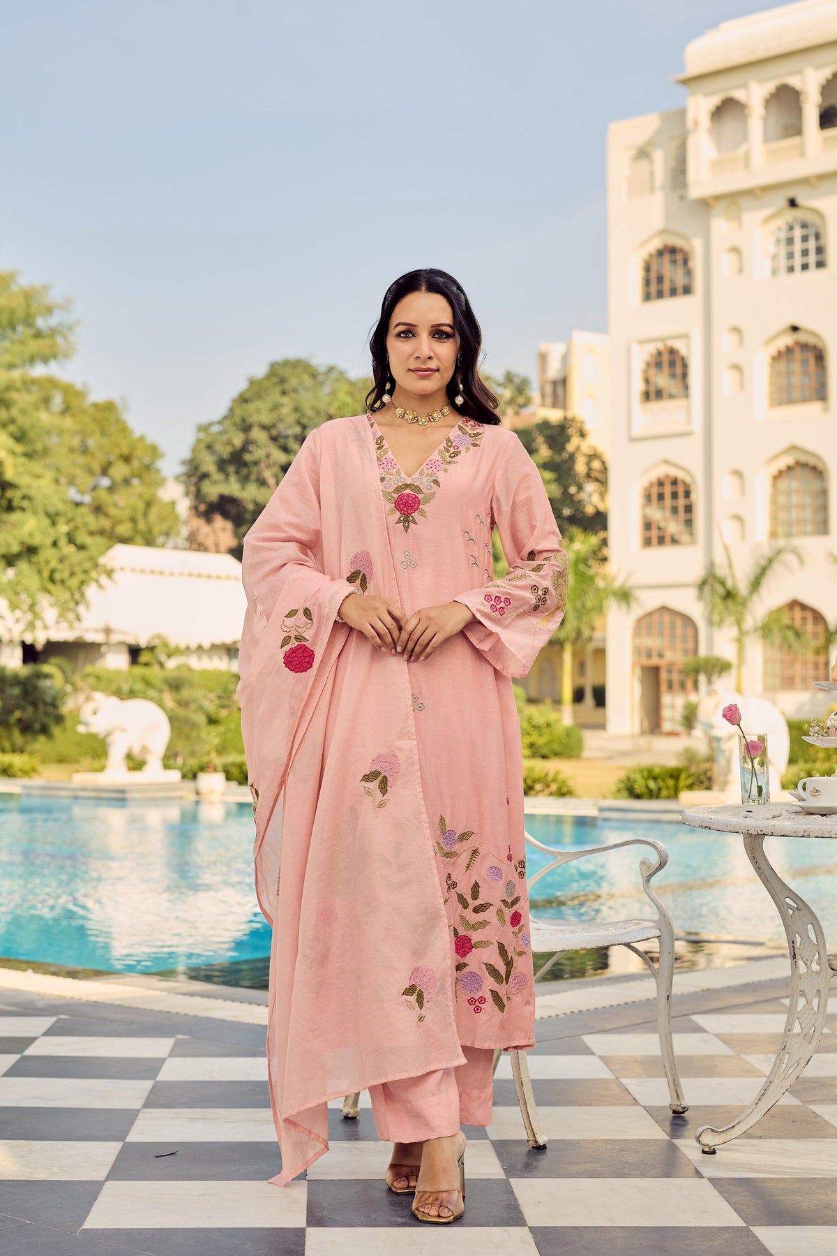 Floral Embroidered Chanderi Silk Kurta Set – Blue & Pink