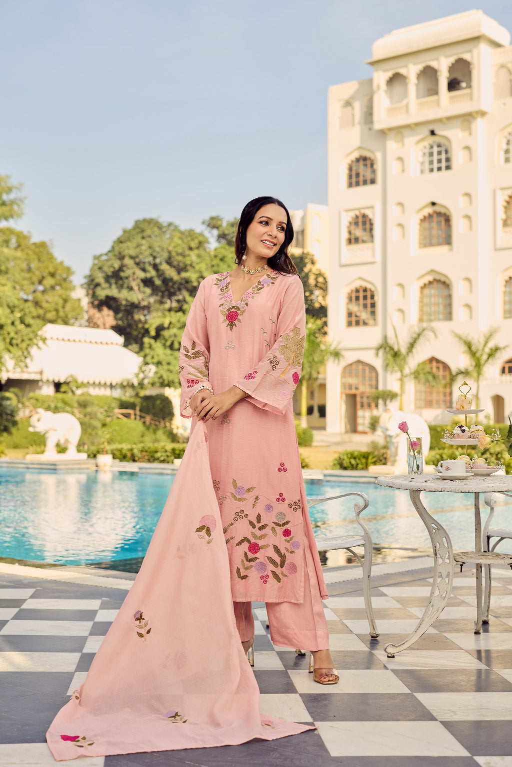 Floral Embroidered Chanderi Silk Kurta Set – Blue & Pink
