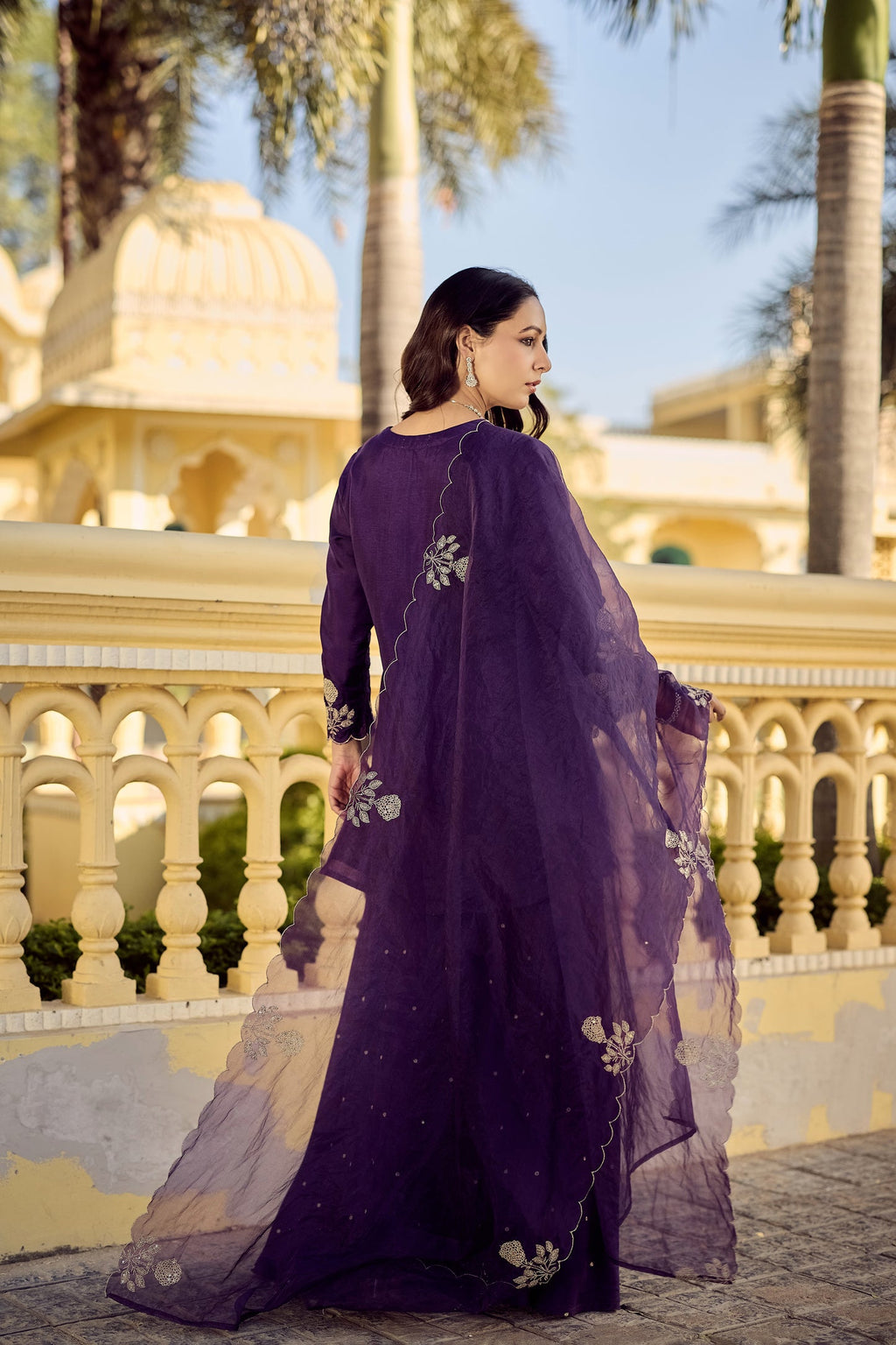 Embroidered Chanderi Silk Kurta Set with Palazzo – Purple