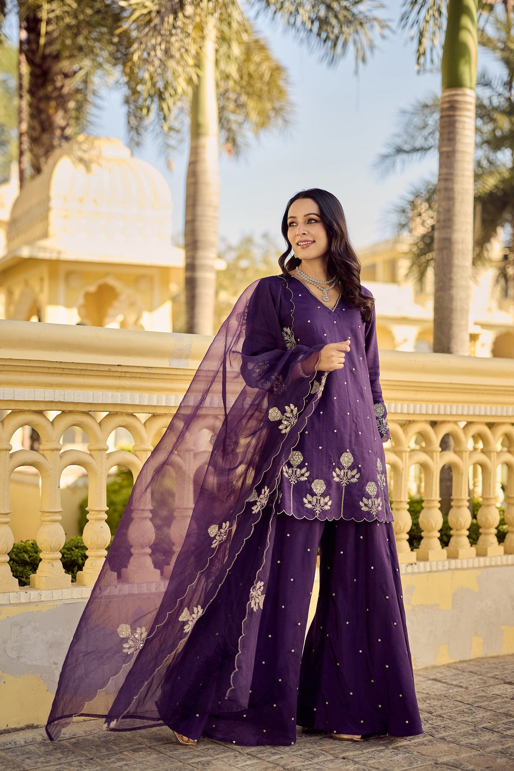 Embroidered Chanderi Silk Kurta Set with Palazzo – Purple