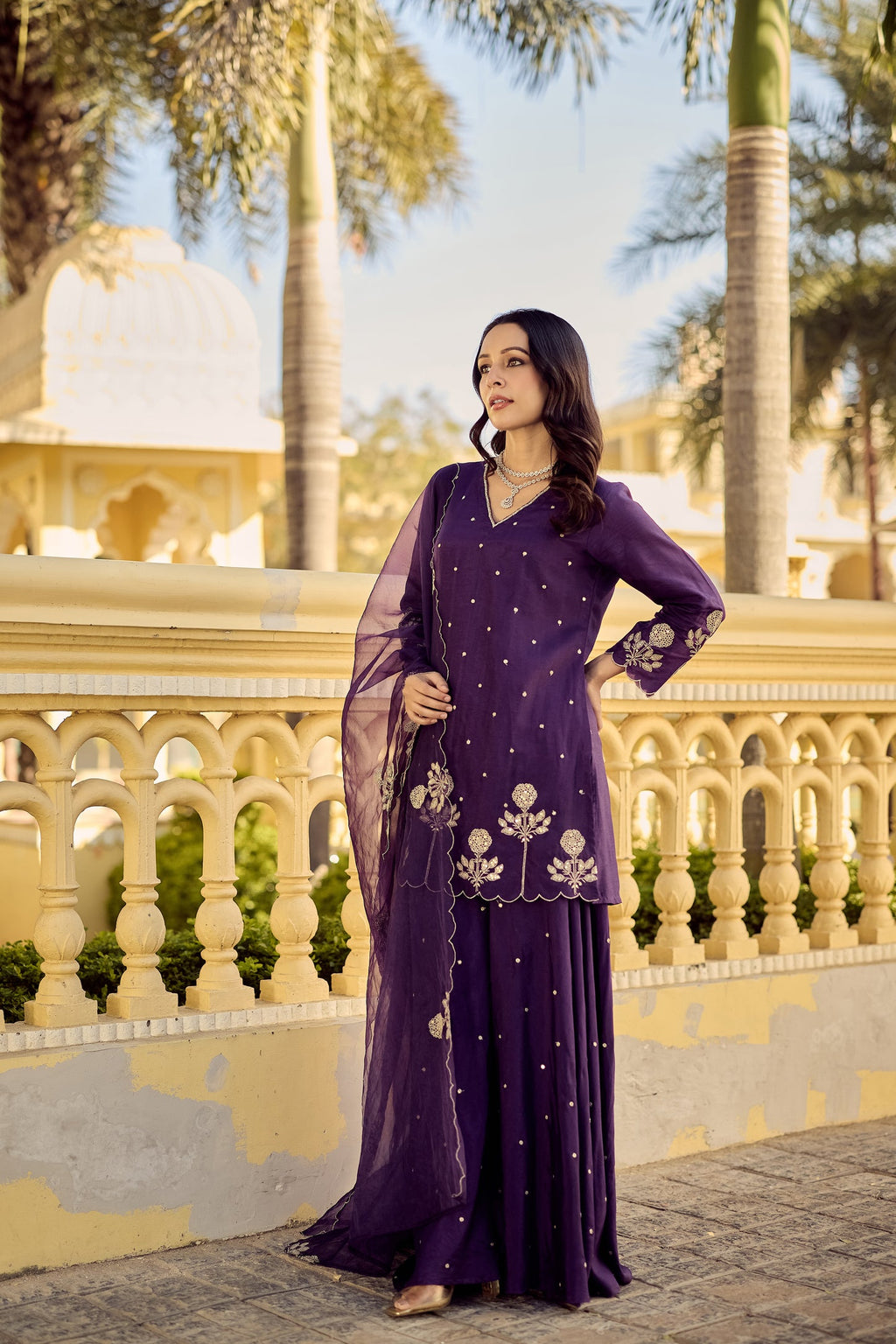 Embroidered Chanderi Silk Kurta Set with Palazzo – Purple