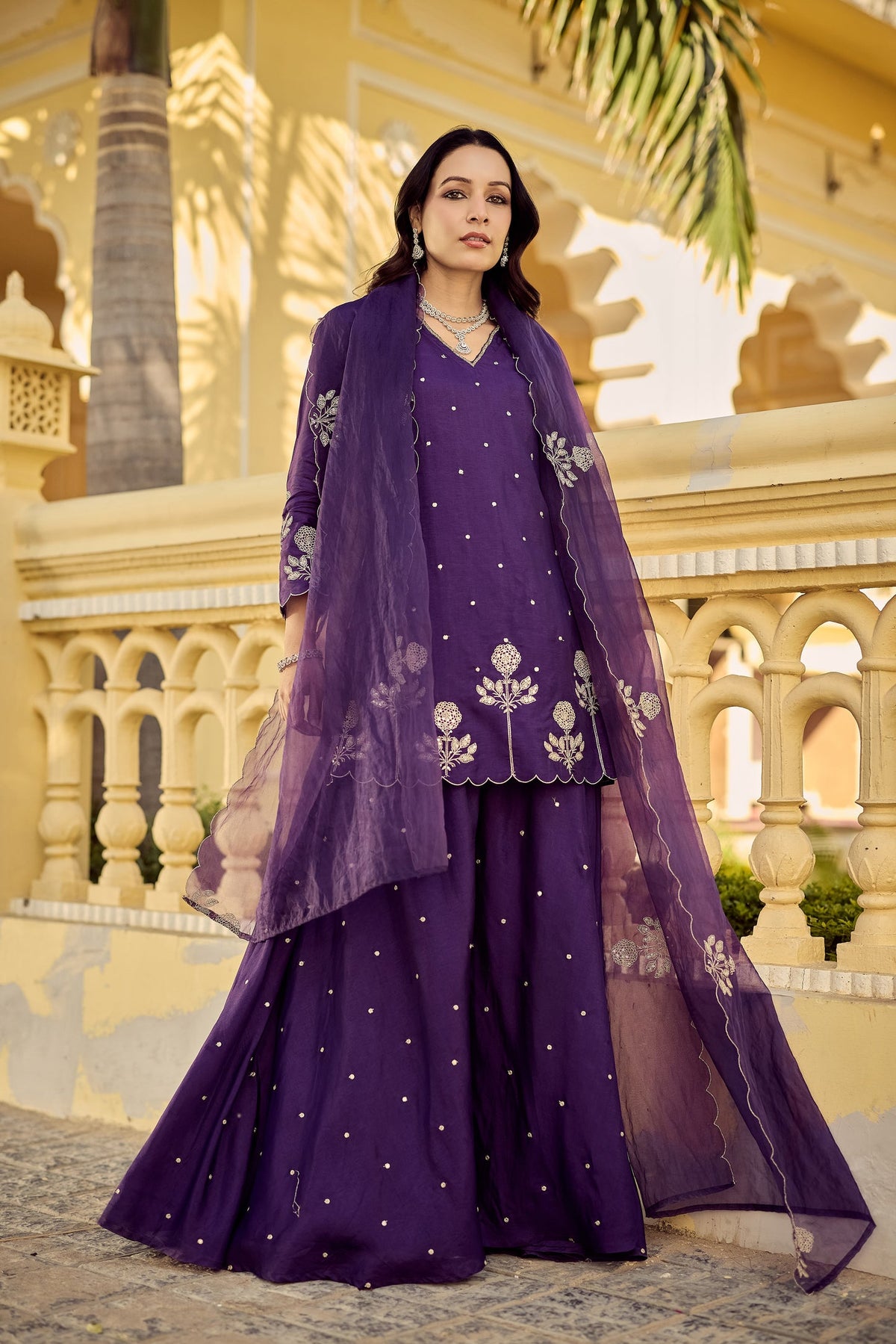 Embroidered Chanderi Silk Kurta Set with Palazzo – Purple