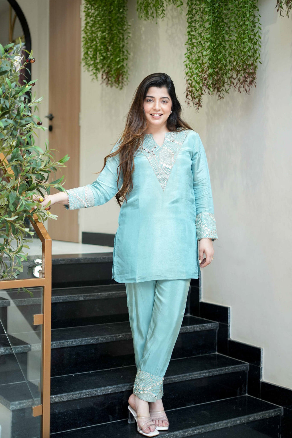 Mirror & Sequin Embroidered Kurta Set – Aqua Blue