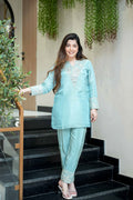 Mirror & Sequin Embroidered Kurta Set – Aqua Blue