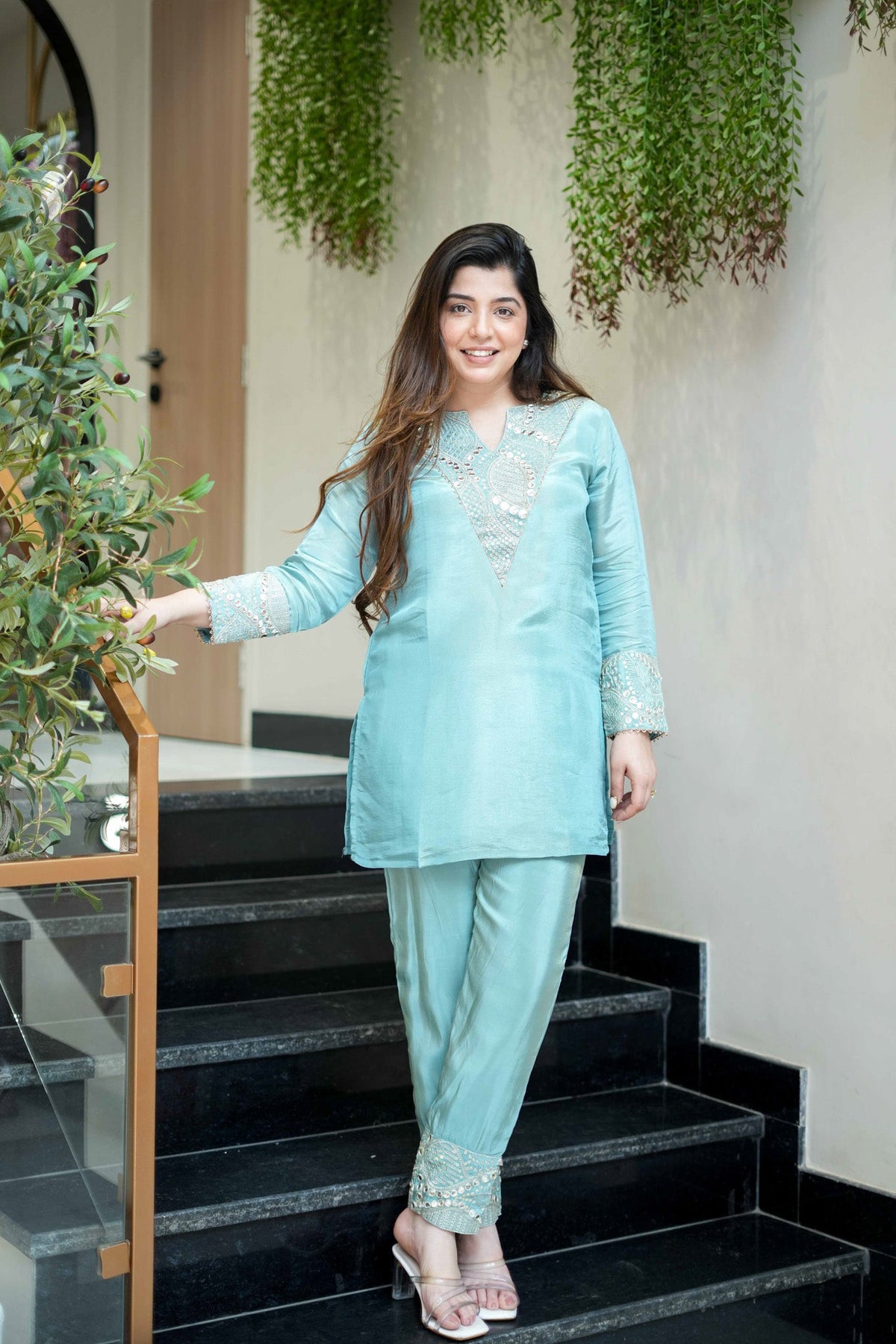 Mirror & Sequin Embroidered Kurta Set – Aqua Blue